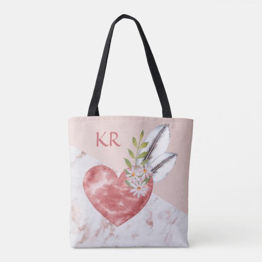 Boho Pink Heart Feathers Marble Pattern Initialen Tote Bag (Achterkant)