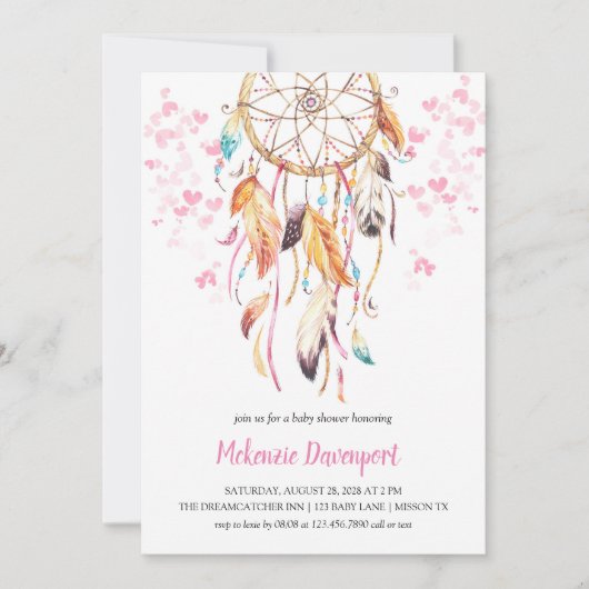 Boho Pink Heart Pink Drocatcher Girl Baby shower Kaart (Voorkant)