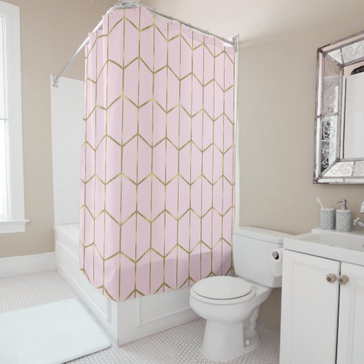 Boho Pink Hexagon Gold en Geometrische glam Douchegordijn (In situ)