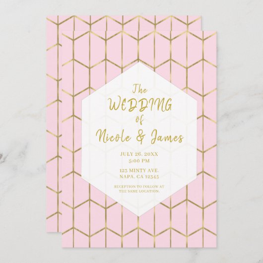 Boho Pink Hexagon Gold Geometric Glam Wedding Kaart (Voorkant / Achterkant)