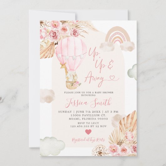 Boho Pink Hot Air Ballon Floral Baby shower Invit Kaart (Voorkant)