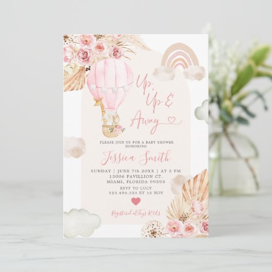 Boho Pink Hot Air Ballon Floral Baby shower Invit Kaart (Staand voorkant)