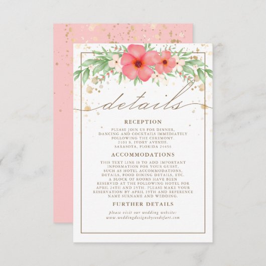 Boho Pink & Ivory Greenery Floral Wedding Details Informatiekaartje (Voorkant / Achterkant)