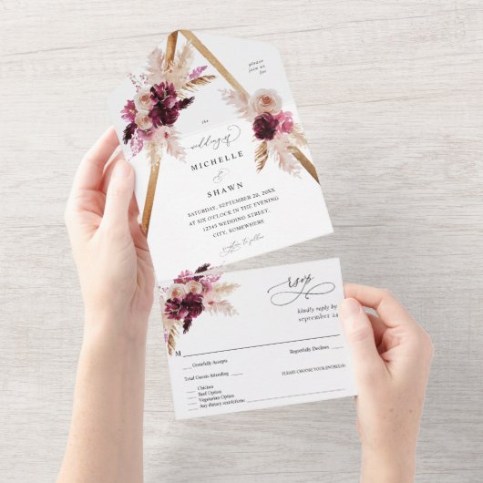 Boho Pink Lijst Pampas Grass Floral All In One Uitnodiging (Afscheurbaar)