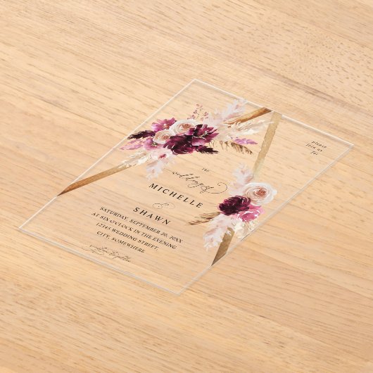 Boho Pink Lijst Pampas Grass Floral Wedding Acryl Uitnodigingen (Laagn)