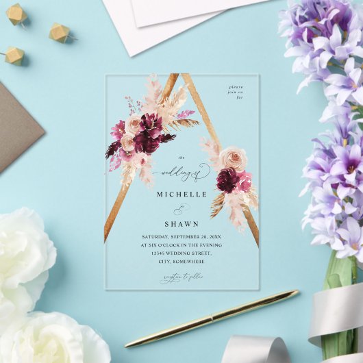 Boho Pink Lijst Pampas Grass Floral Wedding Acryl Uitnodigingen (Insitu (Huwelijk))