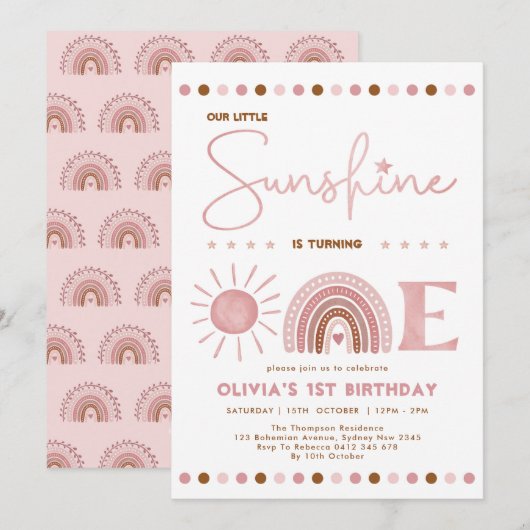 Boho Pink Little Sunshine Rainbow Girl Birthday Kaart (Voorkant / Achterkant)