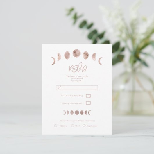 Boho Pink Moon Phases Modern Minimal Wedding RSVP Kaart (Staand voorkant)