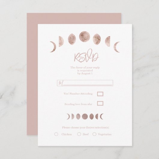 Boho Pink Moon Phases Modern Minimal Wedding RSVP Kaart (Voorkant / Achterkant)