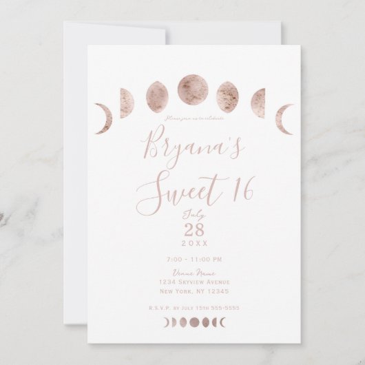 Boho Pink Moon Phases Modern Minimum Sweet 16 Kaart (Voorkant)