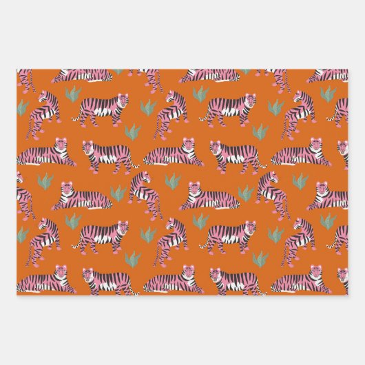Boho Pink Orange Jungle Tiger Animal Pattern Inpakpapier Vel (Voorkant 3)