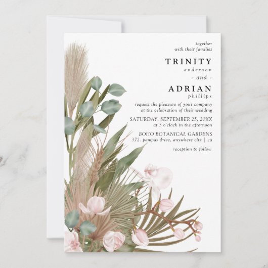 Boho Pink Orchids Driekleppen met Pampas Wedding Kaart (Voorkant)