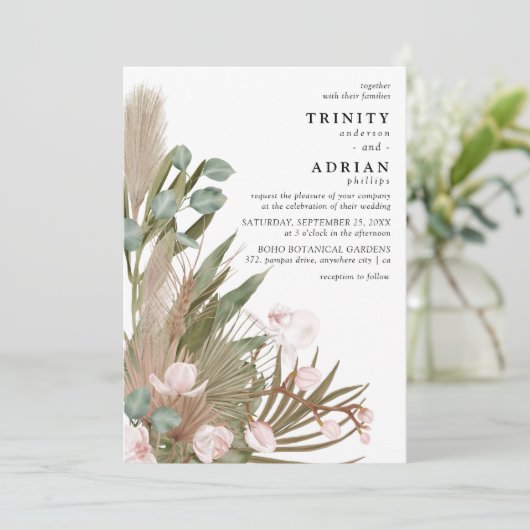Boho Pink Orchids Driekleppen met Pampas Wedding Kaart (Staand voorkant)