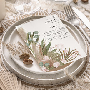 Boho Pink Orchids Driekleppen met Pampas Wedding Kaart