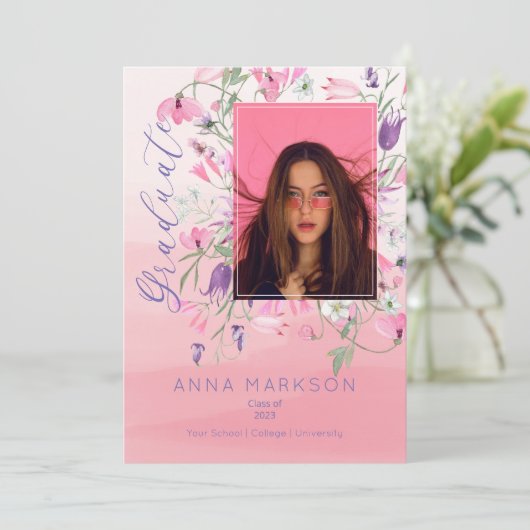 Boho Pink | Paarse Waterverf Afstuderen wilde bloe Kaart (Staand voorkant)