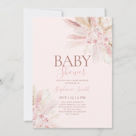 Boho Pink Pampas Baby shower Girl Uitnodiging (Voorkant)