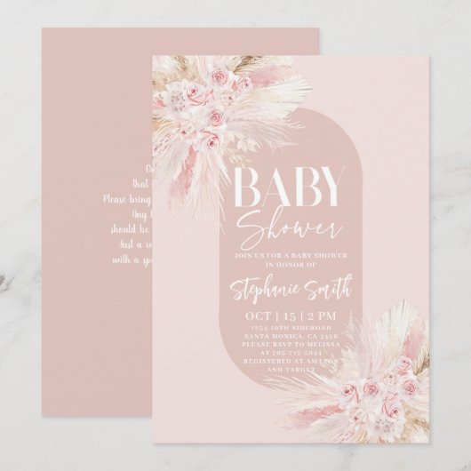 Boho Pink Pampas Baby shower Girl Uitnodiging (Voorkant / Achterkant)