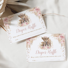 Boho Pink Pampas Floral Highland Koe Diaper Raffle Informatiekaartje