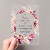 Boho Pink Pampas Grass Floral Wedding Acryl Uitnodigingen (Insitu (Draagbaar))