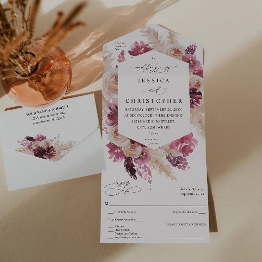 Boho Pink Pampas Grass Floral Wedding All In One Uitnodiging