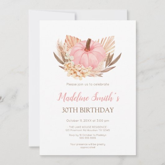 Boho Pink Pampas Grass Pumpkin Birthday Kaart (Voorkant)