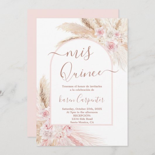 Boho Pink Pampas Quinceanera Kaart (Voorkant / Achterkant)
