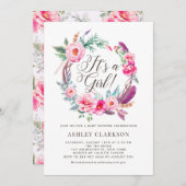 Boho Pink Peonies Wreath Het is een meisje Baby sh Kaart (Voorkant / Achterkant)