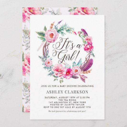 Boho Pink Peonies Wreath Het is een meisje Baby sh Kaart (Voorkant / Achterkant)