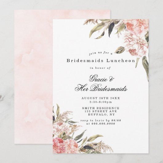 Boho Pink Peony Bridesmaids Luncheon Invites (Voorkant / Achterkant)