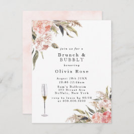 Boho Pink Peony Brunch & Bubble Invitation Kaart
