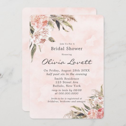 Boho Pink Peony Pampas Bridal Shower Invitations Kaart (Voorkant / Achterkant)