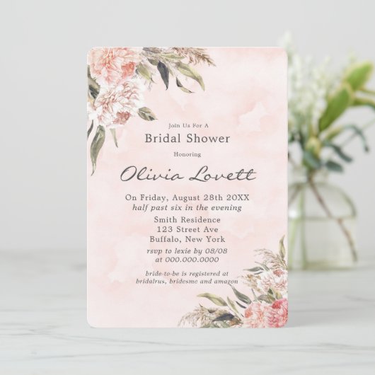 Boho Pink Peony Pampas Bridal Shower Invitations Kaart (Staand voorkant)
