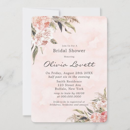 Boho Pink Peony Pampas Bridal Shower Invitations Kaart (Voorkant)