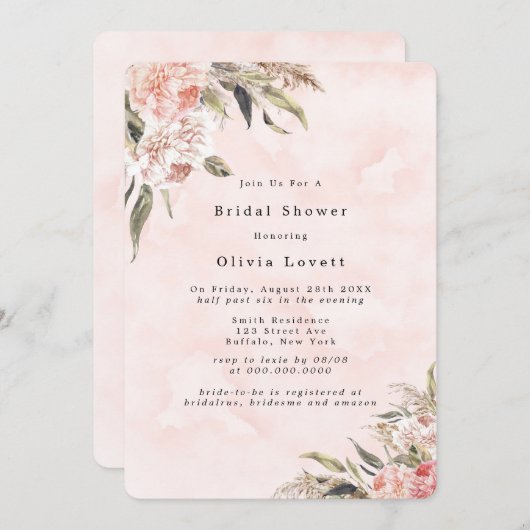 Boho Pink Peony Pampas Bridal Shower Invitations Kaart (Voorkant / Achterkant)