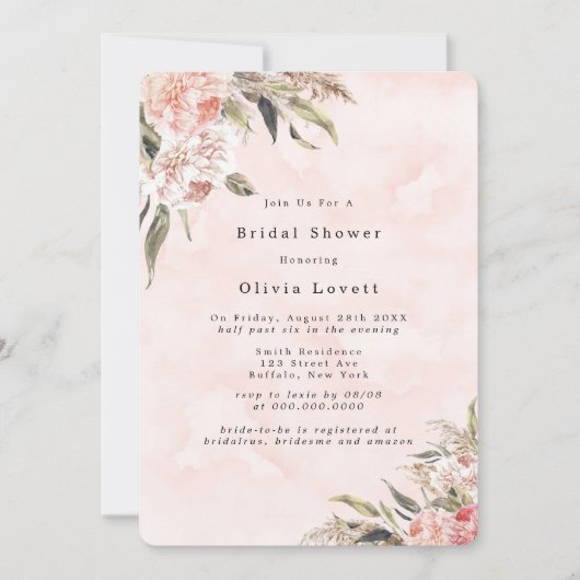 Boho Pink Peony Pampas Bridal Shower Invitations Kaart (Voorkant)