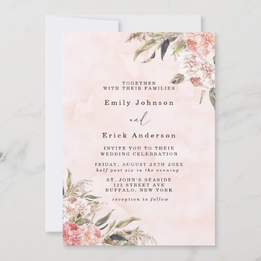 Boho Pink Peony Pampas Grass Wedding Kaart (Voorkant)