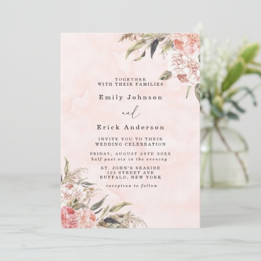 Boho Pink Peony Pampas Grass Wedding Kaart (Staand voorkant)