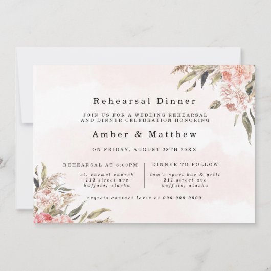 Boho Pink Peony Pampas Rehearsal Dinner Kaart (Voorkant)