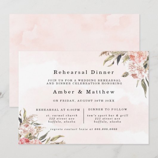 Boho Pink Peony Pampas Rehearsal Dinner Kaart (Voorkant / Achterkant)
