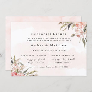 Boho Pink Peony Pampas Rehearsal Dinner Kaart