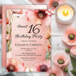 Boho Pink Poppies Floral Sweet 16 Birthday Party Kaart<br><div class="desc">Elegant pink poppies floral design "Sweet 16 Birthday Party" design featuring a floral frame of varying shades of pink poppies on a distressed pink background.</div>