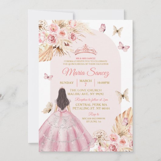 Boho Pink Princess Floral Mexican Quinceañera Kaart (Voorkant)