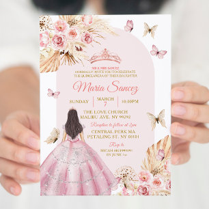 Boho Pink Princess Floral Mexican Quinceañera Kaart