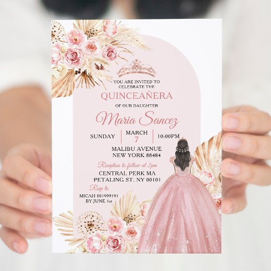 Boho Pink Princess Floral Mis Quince Uitnodiging