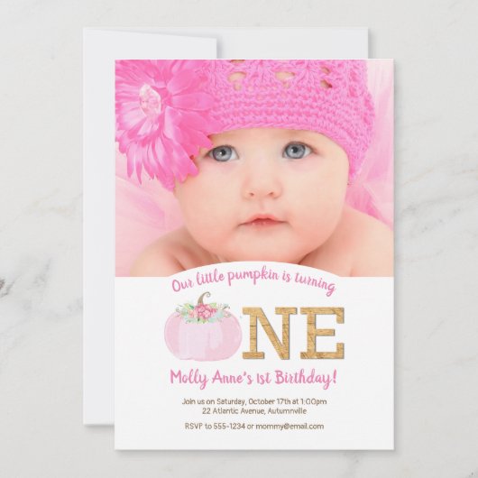 Boho Pink Pumpkin Herfst 1st Birthday Girl Foto Kaart (Voorkant)
