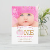 Boho Pink Pumpkin Herfst 1st Birthday Girl Foto Kaart (Staand voorkant)