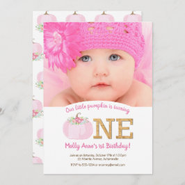 Boho Pink Pumpkin Herfst 1st Birthday Girl Foto Kaart