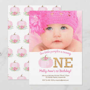 Boho Pink Pumpkin Herfst 1st Birthday Girl Foto Kaart