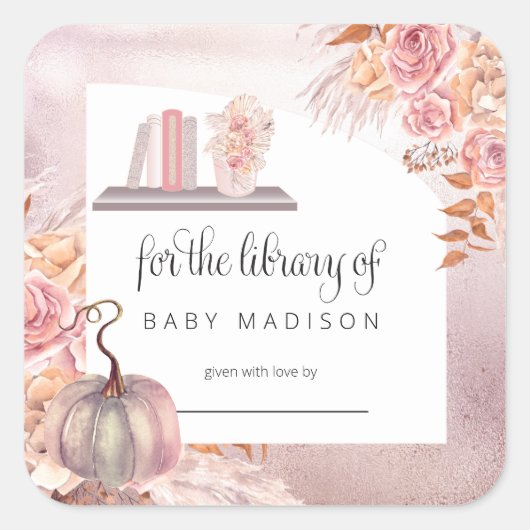 Boho Pink Pumpkin | Pampas Grass Baby Bookplaat Vierkante Sticker (Voorkant)