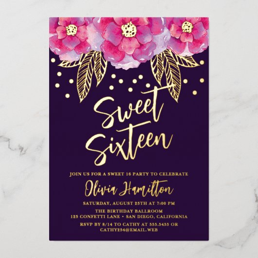 Boho Pink Purple Flowers Sweet 16 Folie Uitnodiging (Voorkant)